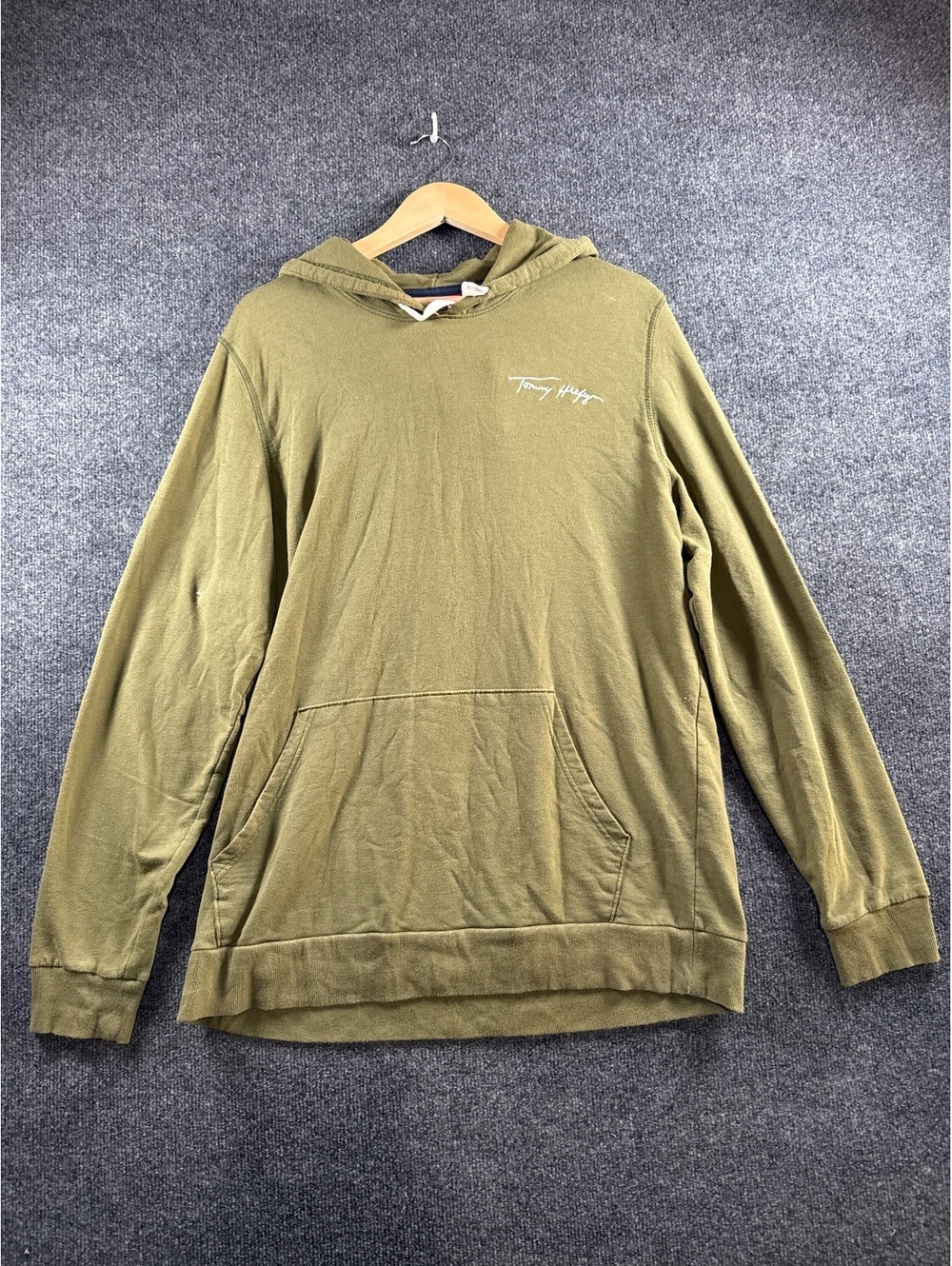 Tommy Hilfiger Mens XL Olive Green Pullover Hoodie Script Logo Sweatshirt
